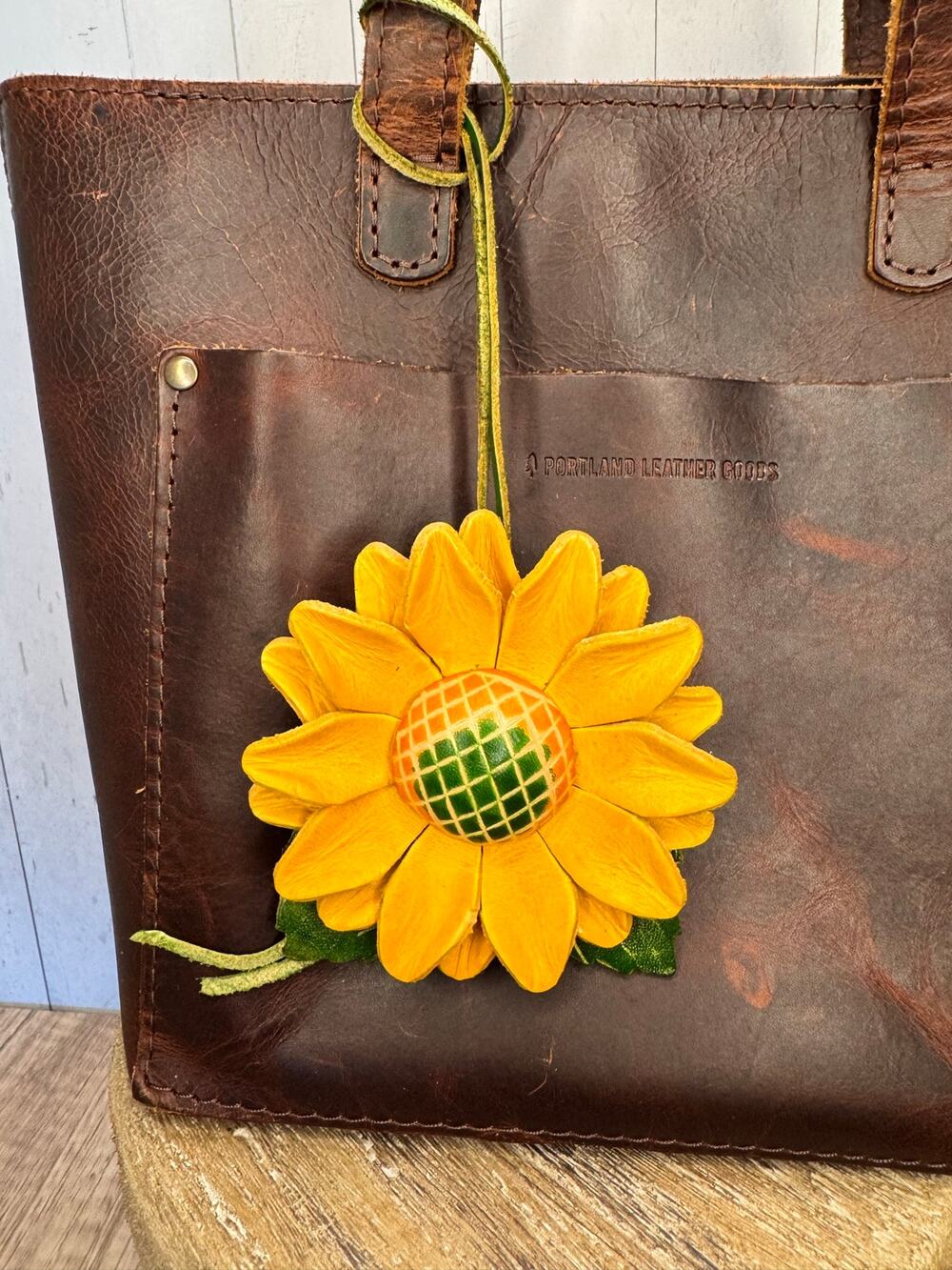 Yellow Sunflower Genuine Leather Purse Charm Hand Painted Leather Fall Bag Charm